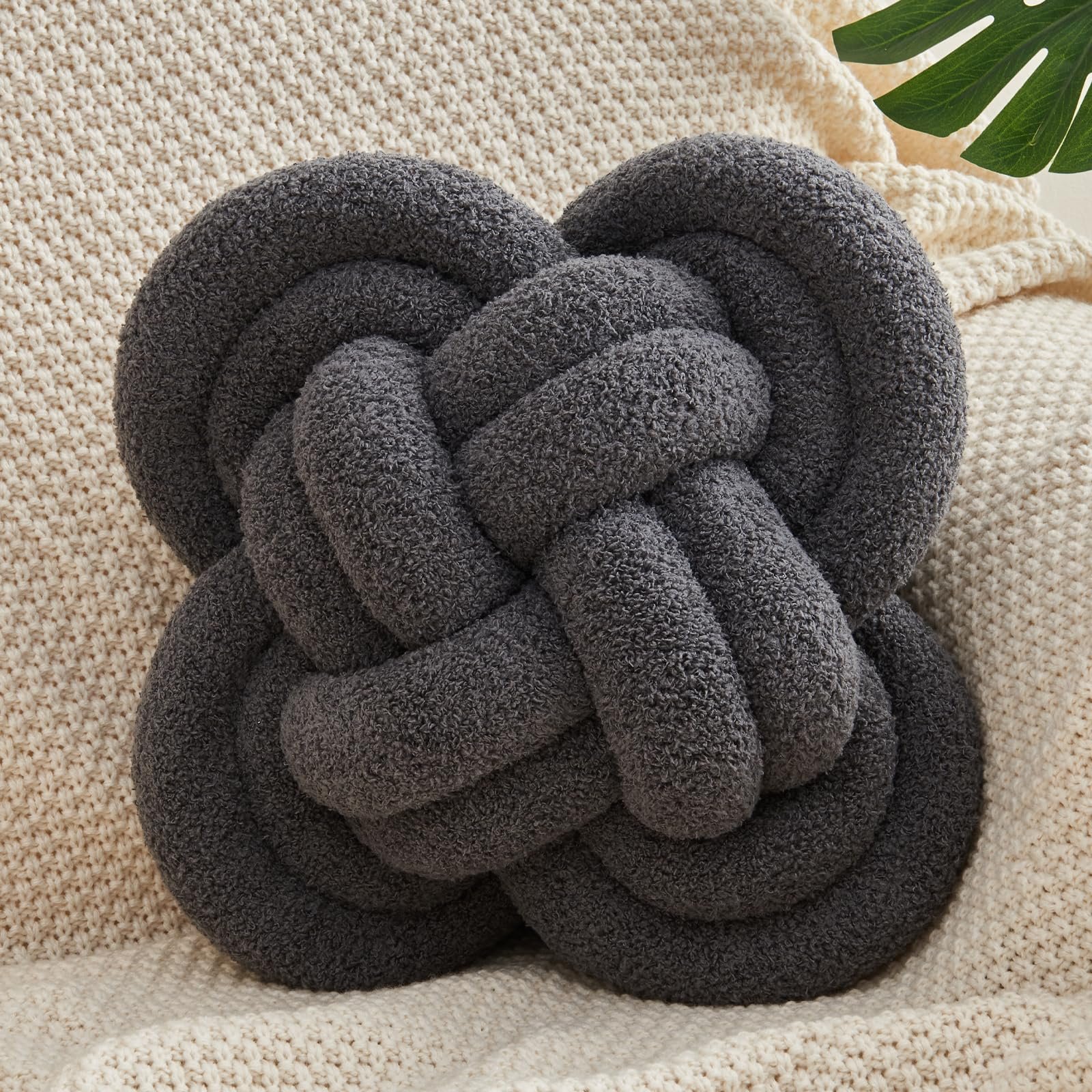 Hoffis Knot Pillow Ball, 12" Soft Decorative Throw Pillows for Couch Bed, Dark Gray Knotted Plush Throw Pillow Handmade Square Cushion Home Couch Decor Pillows for Living room