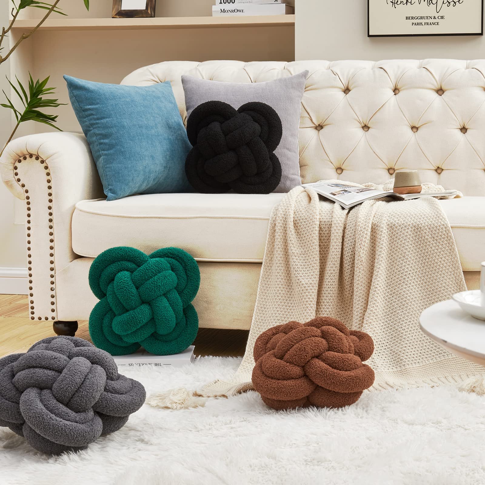Hoffis Knot Pillow Ball, 12" Soft Decorative Throw Pillows for Couch Bed, Dark Gray Knotted Plush Throw Pillow Handmade Square Cushion Home Couch Decor Pillows for Living room - Image 4