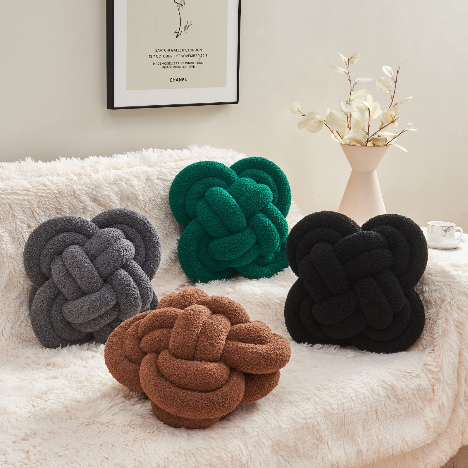 Hoffis Knot Pillow Ball, 12" Soft Decorative Throw Pillows for Couch Bed, Dark Gray Knotted Plush Throw Pillow Handmade Square Cushion Home Couch Decor Pillows for Living room - Image 2
