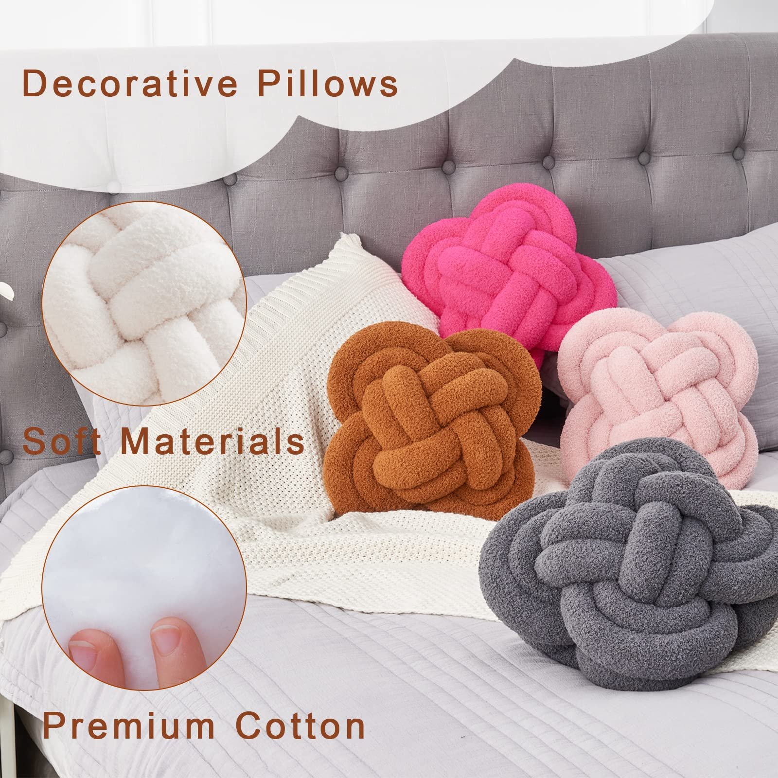 Hoffis Knot Pillow Ball, 12" Soft Decorative Throw Pillows for Couch Bed, Dark Gray Knotted Plush Throw Pillow Handmade Square Cushion Home Couch Decor Pillows for Living room - Image 6