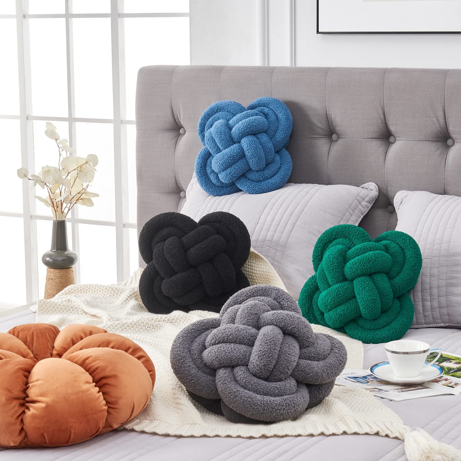 Hoffis Knot Pillow Ball, 12" Soft Decorative Throw Pillows for Couch Bed, Dark Gray Knotted Plush Throw Pillow Handmade Square Cushion Home Couch Decor Pillows for Living room - Image 5